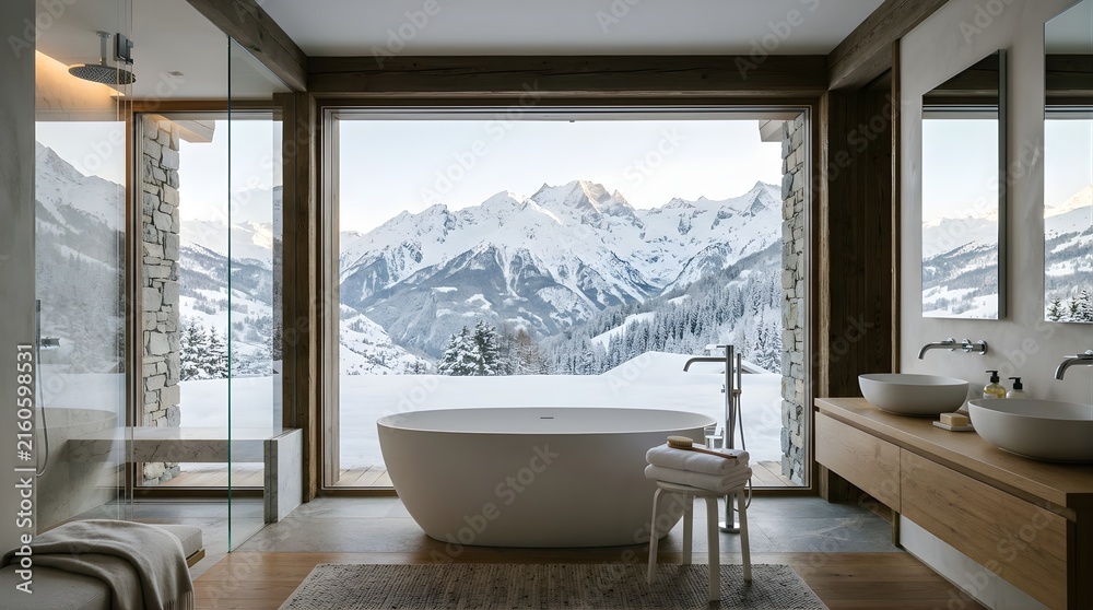 Fototapeta premium Modern luxury bathroom with bathtub overlooking snowy mountain landscape