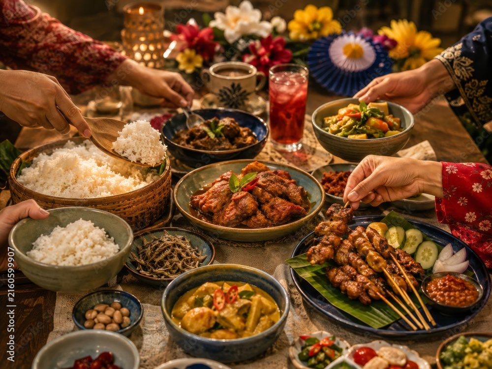 Fototapeta premium Merdeka Malaysian Family Meal with Traditional Dishes and Communal Dining Celebration