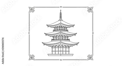 Traditional Japanese Pagoda Building Outline Illustration