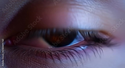 Human eye iris digital transformation macro animation showing glowing golden neural network data connection motion video footage high definition