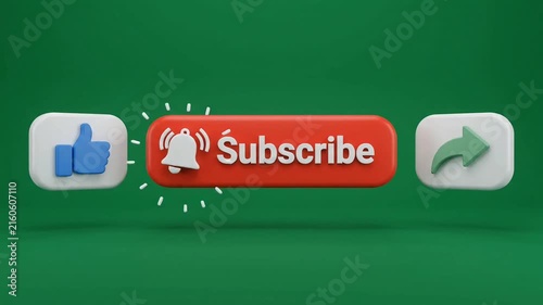 Social media interaction buttons including thumb up share and subscribe notification bell appearing as 3D animation video motion graphic