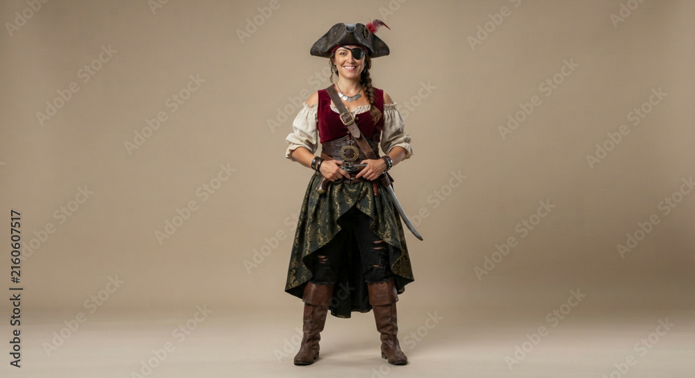 Fototapeta premium Smiling Woman Dressed in Authentic Pirate Costume Standing Against Plain Background