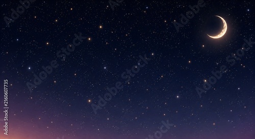 A minimalist, horizontal digital artwork showcasing a slender crescent moon glowing in a clear, star-studded sky. The atmosphere transitions smoothly from a rich navy-blue expanse at the top down to a