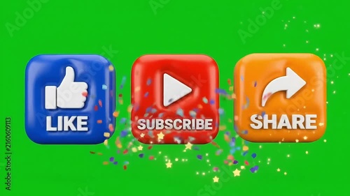 Social media interaction buttons with like subscribe and share icons rendered as colorful 3D motion graphics on green screen background