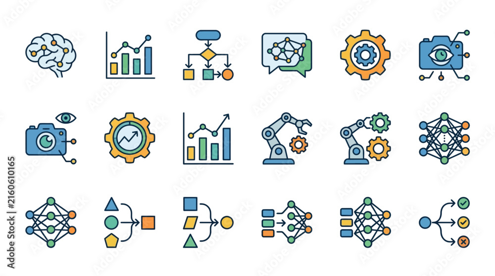Fototapeta premium Industrial Machine Learning and AI Concepts Illustrated with Colorful Icons and Diagrams with high quality professional line art symbols for modern creative design and digital branding projects