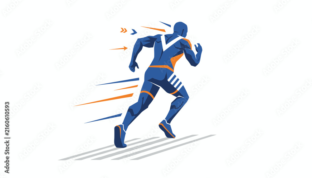 Fototapeta premium Stylized dynamic illustration of a runner sprinting forward in blue and orange colors representing athletic energy and speed.