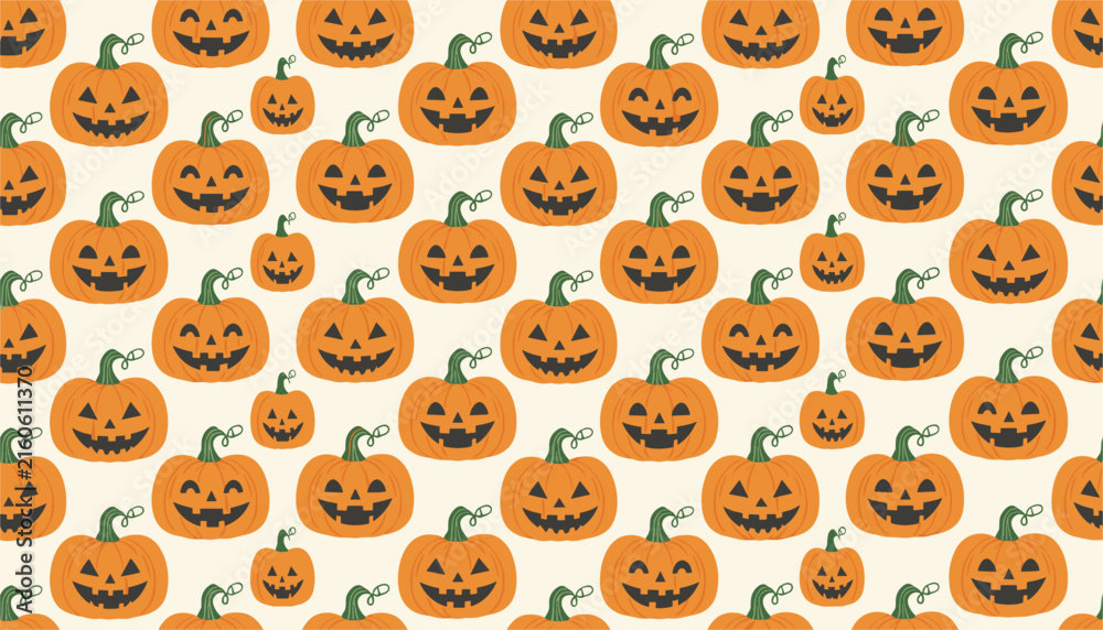 Fototapeta premium Seamless Halloween pattern featuring spooky orange jack-o'-lantern pumpkins with green stems on a light cream background.