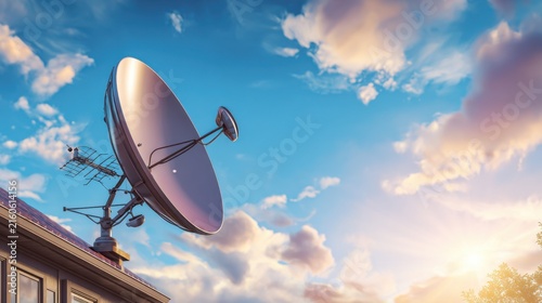 Satellite dish antenna installed on rooftop against a cloudy sky