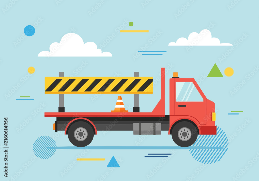 Naklejka premium Red Flatbed Truck Carrying Traffic Barrier and Cone on a Clear Blue Sky Background With Abstract