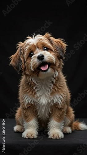 Small fluffy brown and white dog sitting. Small fluffy dog sitting against a black background for pet care use