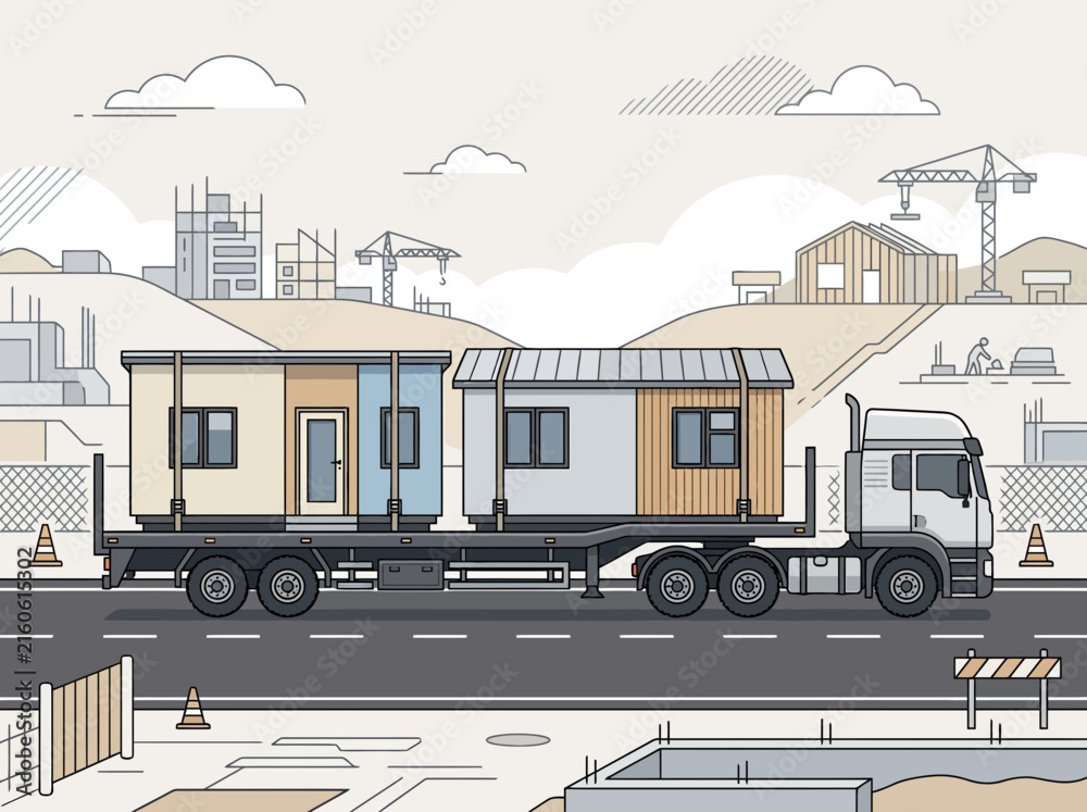 Fototapeta premium Modular Home Delivery Truck Transporting Tiny Houses To Construction Site Scene