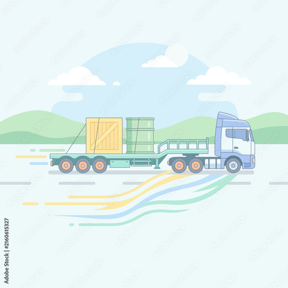 Fototapeta premium Modern Truck Transporting Cargo Across Scenic Landscape Illustration