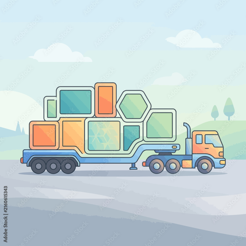 Fototapeta premium Modern Truck Transporting Colorful Geometric Cargo On A Scenic Route