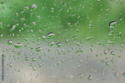 Картината върху платно Green rain droplet glass texture creates fresh natural background with soft focu