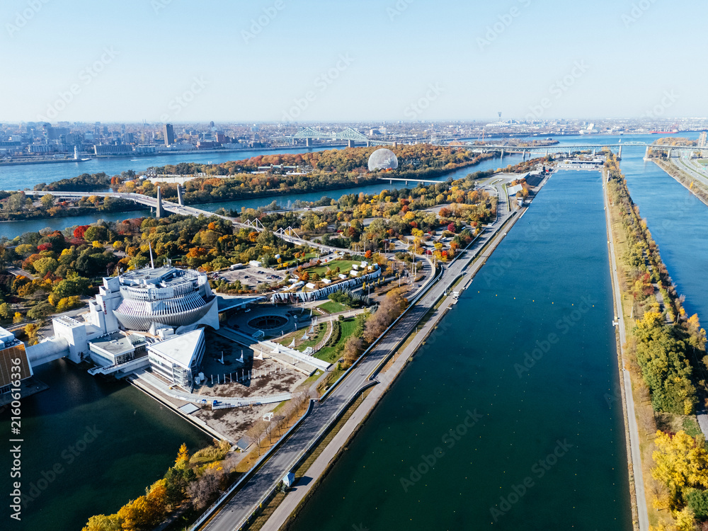 Fototapeta premium Speed road circuit, casino, Biodome and rowing canal on the Notre-Dame island, Montreal, Canada