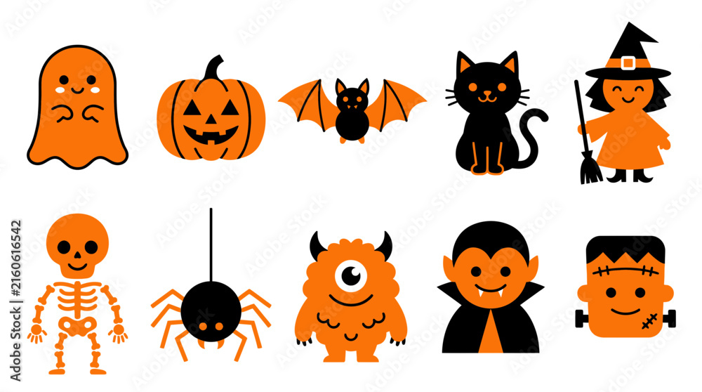 Fototapeta premium Set of cute halloween icons and spooky characters in orange and black