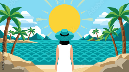 Woman looking at tropical sea sunset.