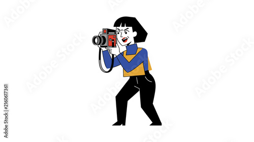 Woman photographer holding camera in minimalist vector style