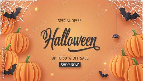 Halloween paper cut style banner with pumpkins bats spider web and stars on orange background