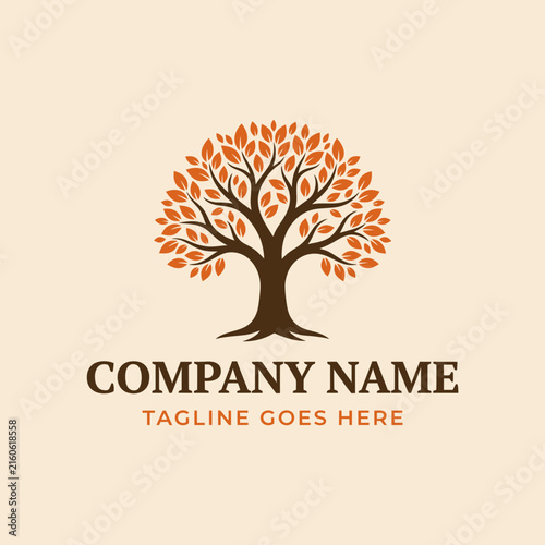 Ornate orange tree logo with circular canopy.