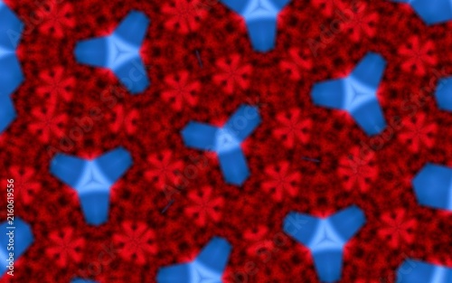 Abstract red and blue kaleidoscope pattern with geometric floral shapes.A vibrant digital abstract background featuring a hypnotic kaleidoscope and seamless-style pattern. 