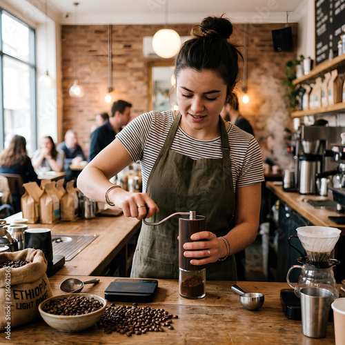 Barista grinding coffee beans at a cafe counter preparing pour over coffee