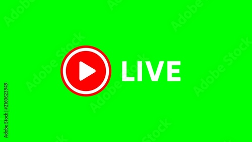 Animated live broadcast badge with red play button and white text reveal on a bright green screen background