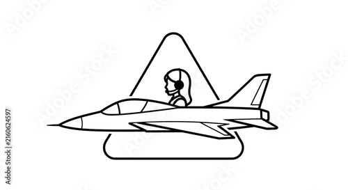 Woman pilot in cockpit of fighter jet, aviation symbol icon outline