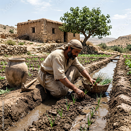 Biblical Man Farming Ancient Village Irrigation Cultivating Green Onions