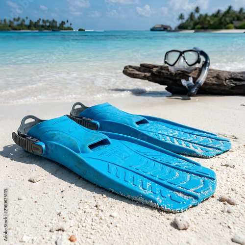 Blue Snorkeling Fins and Mask on Tropical Beach with Ocean Background