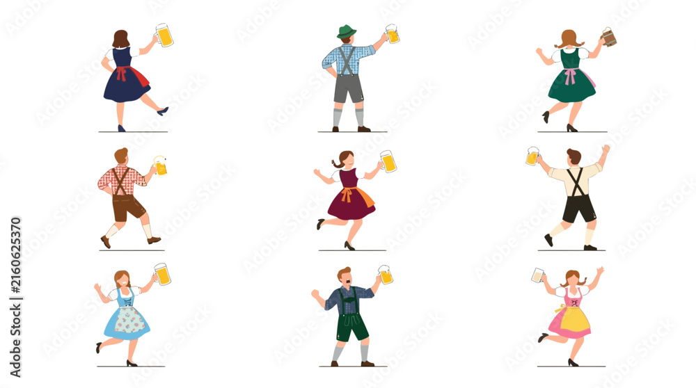 Fototapeta premium Illustration set of people in dirndl and lederhosen.
