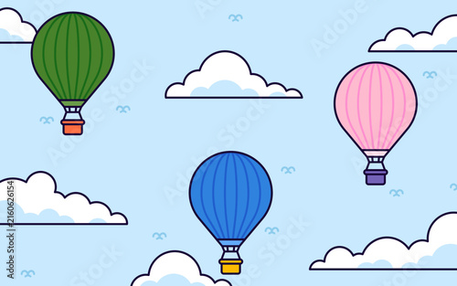 Hot air balloons floating among fluffy clouds in a bright blue sky, colorful cartoon illustration for children, nursery, travel, posters, stickers, and decorative designs.