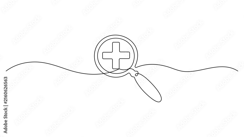 Obraz premium Medical Search Magnifying Glass with Cross Continuous One Line Drawing