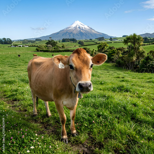 Brown cow standing in green pasture with snow capped mountain and blue sky