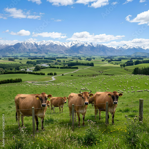 Brown Cows Grazing in Green Pasture with Snowy Mountains Background
