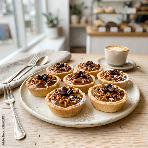 Caramel Tartlets with Coffee Beans and Latte Art Coffee Cup