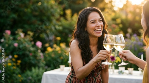 Happy woman laughing and toasting with wine glasses at a garden party