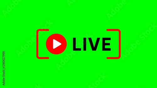 Animated live streaming broadcast icon with red play button and green screen chroma key background