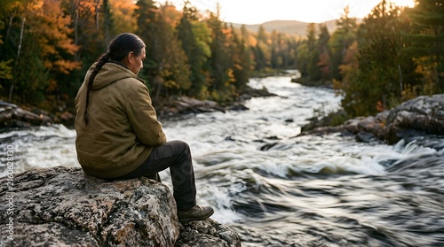 Indigenous man sitting on rock overlooking a flowing river in autumn
