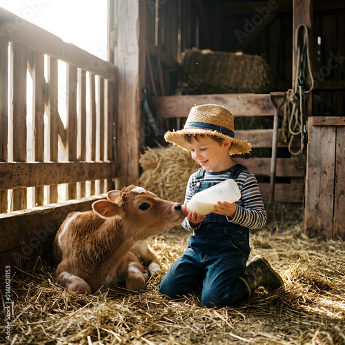 Child feeding a calf with milk bottle in rustic barn farm life childhood innocence