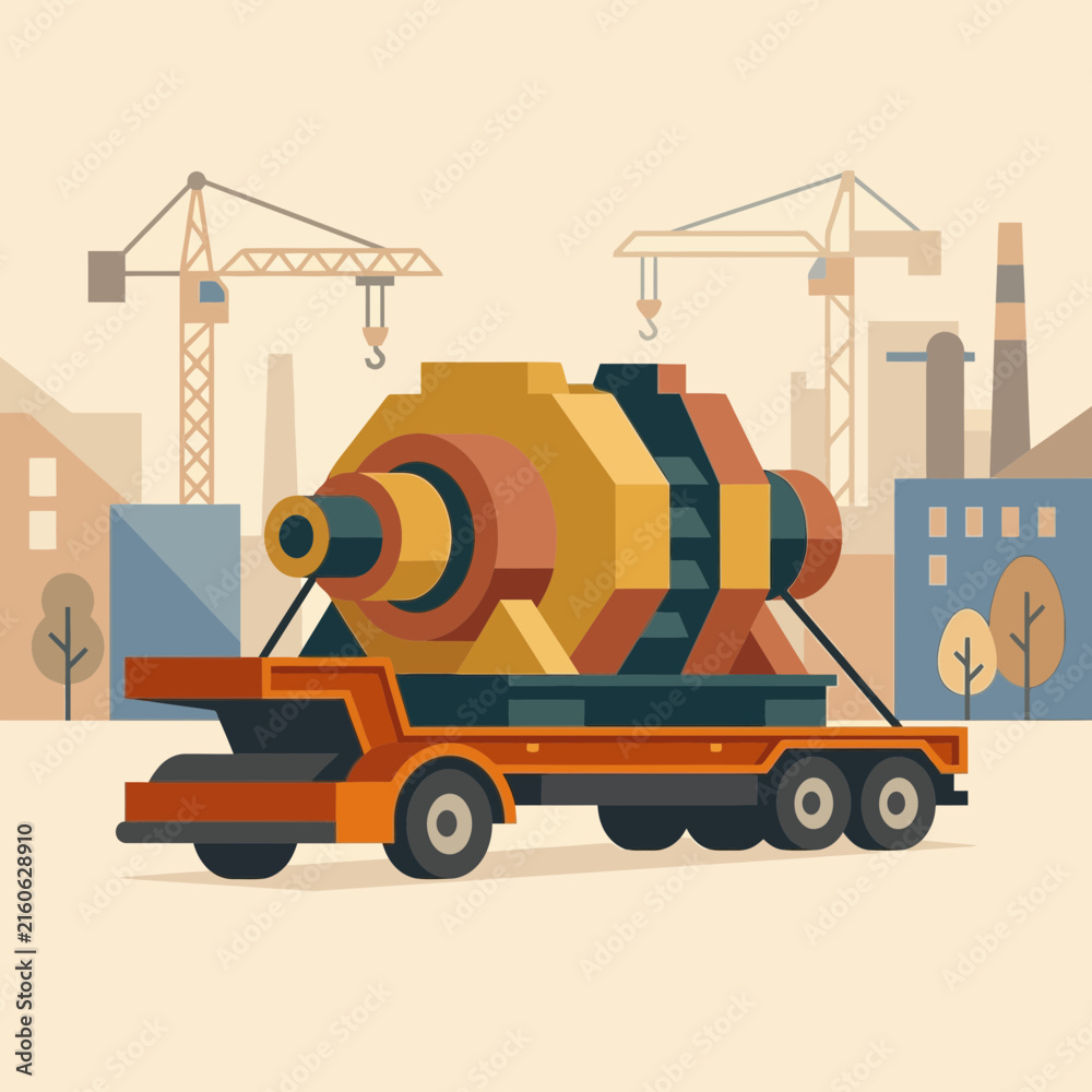 Naklejka premium Industrial Machine Transported By Truck With Construction Cranes In Background Vector Illustration