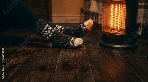 Person warming feet in wool socks by an electric heater at home