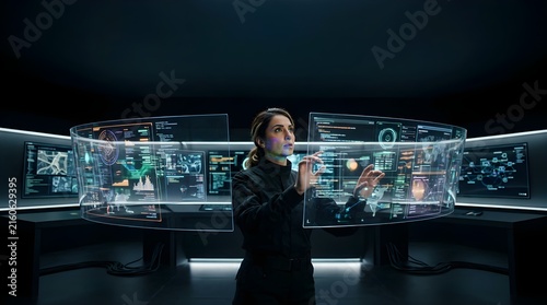 Professional female engineer analyzing holographic data in dark control room