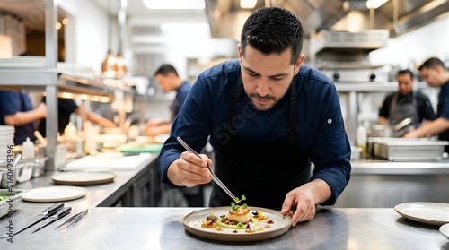 Professional male chef garnishing gourmet scallop dish in restaurant kitchen