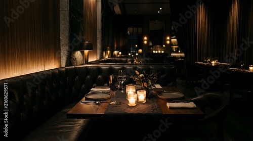 Romantic dinner setting with candles and wine at a luxury dark restaurant