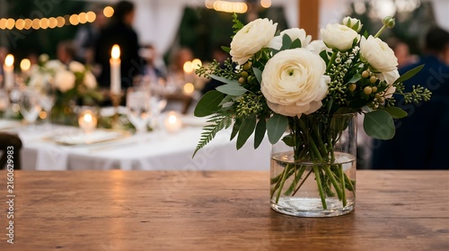 White ranunculus flower centerpiece on wooden table at evening wedding