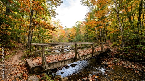 Wooden footbridge over a forest stream during a vibrant autumn season
