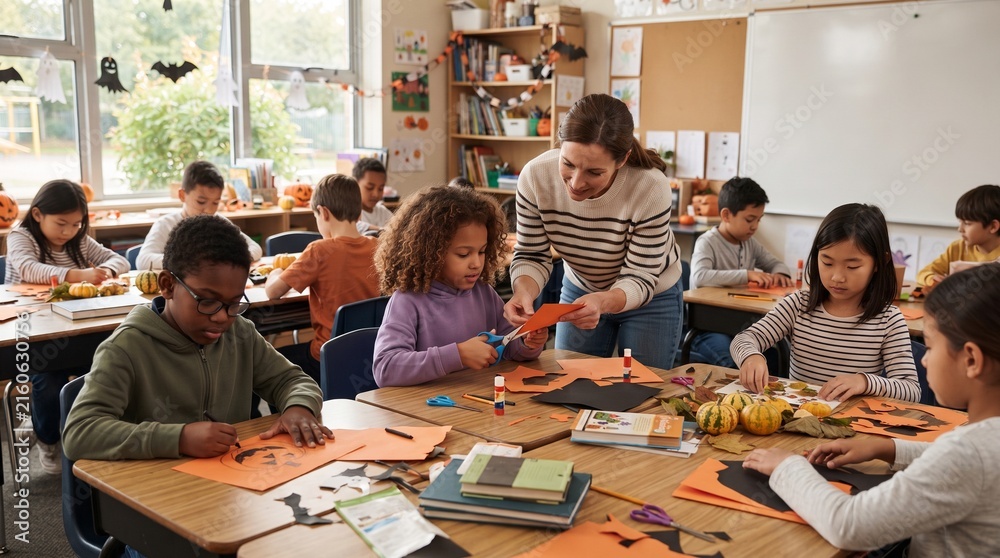 Obraz premium Teacher and Students Preparing Halloween Activities in Elementary Classroom