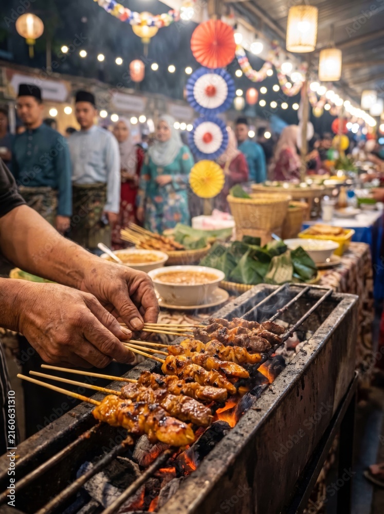 Obraz premium Traditional Malaysian Independence Day Street Food Market with Satay and Festive Night Atmosphere