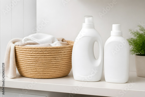 Detergent and softener bottles with laundry basket